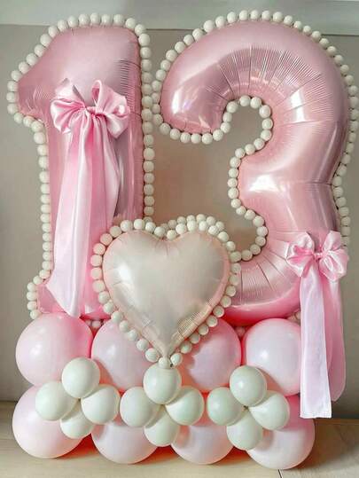 37pcs Pink Number Column Balloon Set, Includes 32-Inch (81.28cm) Pink Number Foil Balloons, Macaron Pink & White Latex Balloons, Suitable For Anniversary, Birthday Decor, Bride, Wedding Decor, Graduation Decor, Holiday Decor, Party Supplies