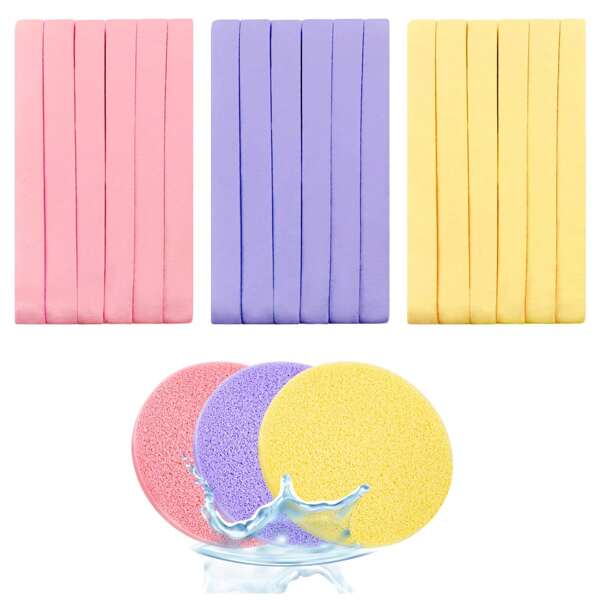 120 piezas de esponjas faciales de limpieza comprimidas - Esponjas suaves y redondas para el lavado de la cara, exfoliación suave, desmaquillante, reutilizables, 3 colores mezclados (amarillo/rosa/púrpura), adecuadas para el cuidado diario de la piel, mujeres/adolescentes, gran regalo de verano