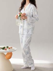 两件套女士开襟V领睡衣长袖上衣和长裤睡衣套装，亲肤家居服，春秋冬装 - 淺藍色 - 查看 4