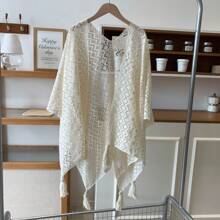1 pièce Cardigan ajouré tricoté blanc pour femmes, Cape châle à franges élégante rétro, Vêtement léger, Poncho pour port quotidien des femmes