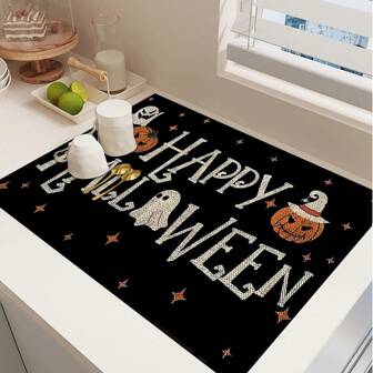 1 pieza de Alfombrilla de bar de café con impresión de fantasma, esqueleto y murciélago de la serie de Halloween, alfombrilla de drenaje, alfombrilla de drenaje de silicona para cafetera, súper absorbente y duradera, alfombrilla de secado de platos, para decoración de encimera, restaurante, mesa de cocina, suministros de cocina para el hogar