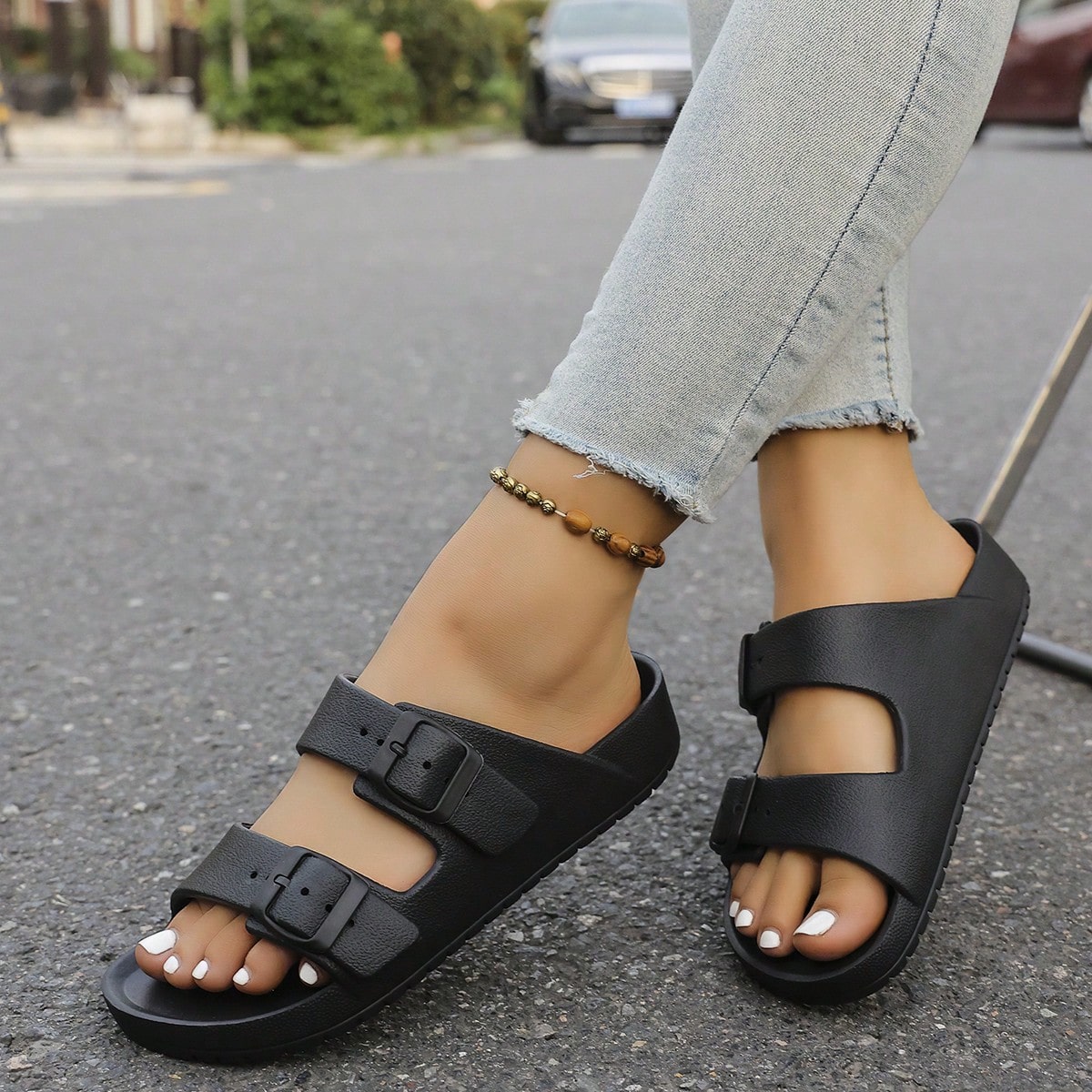 Zapatillas de mujer cómodas de estilo básico, unicolor, estilo casual de moda, sandalias planas con hebilla para playa, resort, primavera, verano y