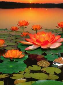 5pcs-Sunset Red Lotus Flowers, Lotus Artificial Flowers, Pond Decoration Artificial Flowers, Water-Floating Foam Lotus Simulating Real Lilies, Are Very Suitable For Garden Pond And Fish Tank Decoration