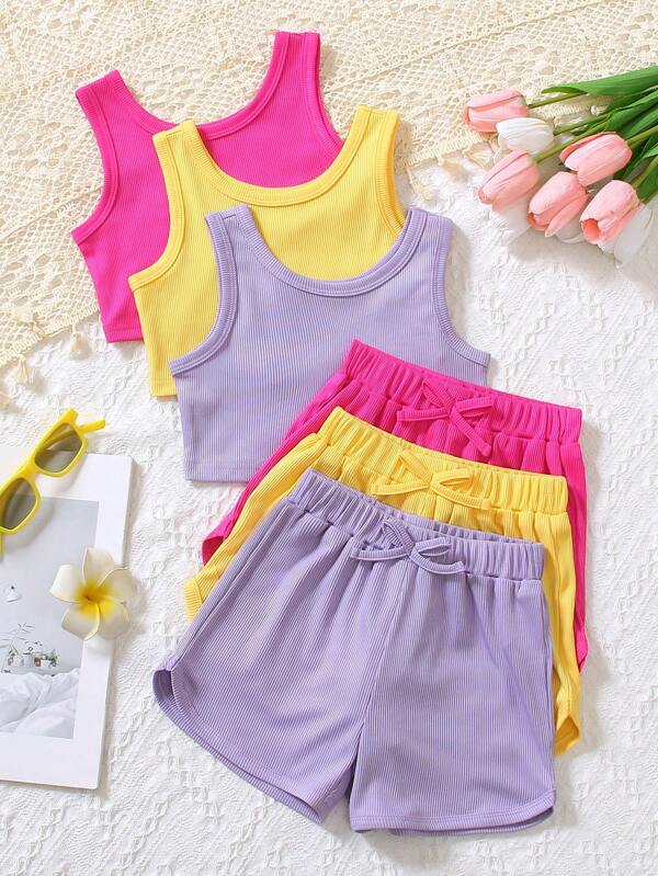 3pcs/Set Kid Girls' Summer Solid Color Casual Versatile Round Neck Sleeveless Tank Top With Bowknot Decorative Shorts