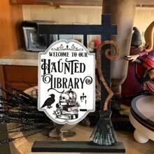 1 pièce Décoration gothique bibliothèque fantôme d'Halloween - Panneau en bois de style gothique avec conception de corbeau et chapeau de sorcière - Affichage de bureau en faux bois, cadeau pour lecteur