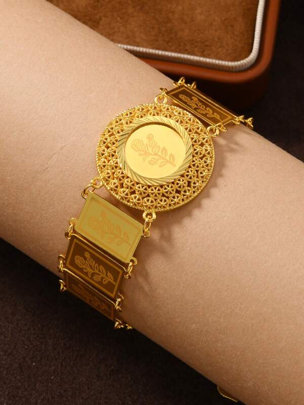 1pc Arabic Style 22K Gold Plated Laser Engraved Fretwork Rose Design Hollow Round Bracelet, Best Gift For Family And Friends