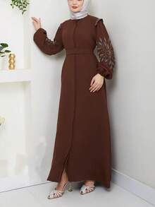 Solid Color Elegant European & Middle Eastern Turkish Style Women's Long Dress With Zipper, Pearl And Rhinestone Decorated Long Sleeve Abaya