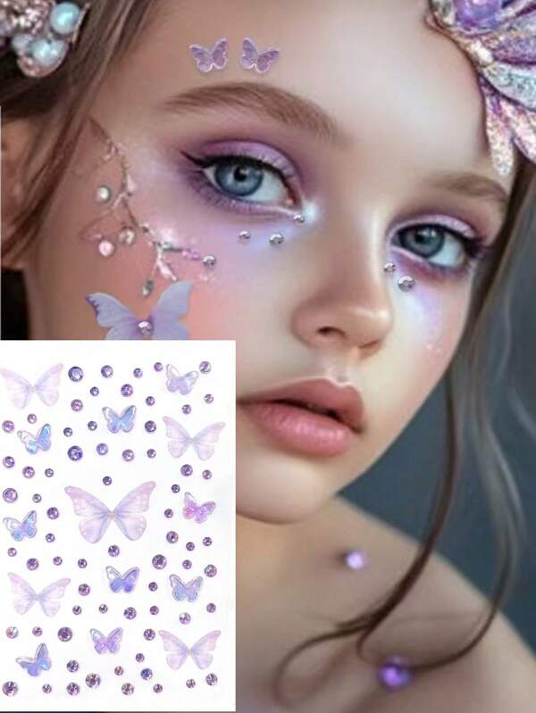 1pc Purple Love Butterflies Rhinestones Glittery Stereo Gem Stickers,1Sheets Y2K Style Music Festival DIY Eyes Face Jewels Stickers,Suitable For Dance Performances Parties And Stage Cosplay Wedding Fake Tattoos