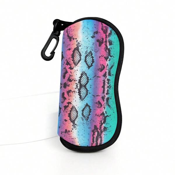 Estojo portátil para óculos com padrão de pele de cobra colorida e chaveiro – Bolsa macia de poliéster durável com zíper, ideal para esportes e viagens – Estojo estiloso para óculos