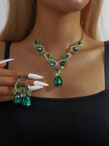 [1 Set Boho Chic Jewelry] 1 Set Boho Chic Y-Necklace And Dangle Earrings Jewelry Set | Alloy With Green Gemstone Accents | Versatile For Daily Wear And Gifting, Earth Day Celebration Accessory