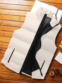 男士休闲加厚棉衣背心夹克，简约百搭宽松无袖外套，适合冬季和秋季 - 卡其色 - 查看 4