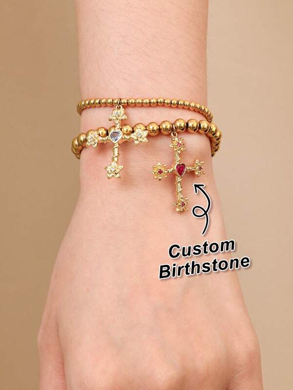 1pc Custom Birthstone Bracelet, Gold Cross Pendant Bracelet For Women, Suitable As Birthday Gift, Graduation Gift, Friendship Token, Thanksgiving Gift, Anniversary Gift