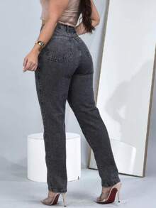 TIGER Women's Mom Jeans High Waist Light Wash Premium Fabric - 灰色 - 查看 2