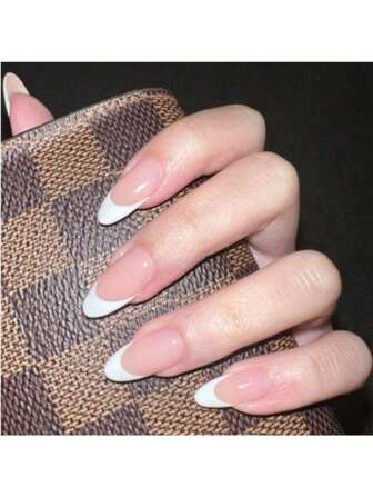 10 Pieces Of Pure Handmade Wearable Short Almond Shaped Nail Plates, Simple Style, Hand-Painted White French Fingertips Nude Nail Base Color, High-End Nail Art Artificial Nail Plates Finished Products Are Suitable For Ladies And Girls To Wear Daily, With Nail Sets Press On Nails Nail Supplies Nails