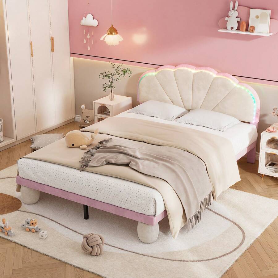 Upholstered Bed 140x200 Cm, Children's And Youth Bed, Velvet Cover, Wavy Headboard, Upholstered Round Legs, Wooden Slatted Frame, Beige + Pink, Mattress Not Included - 查看 1