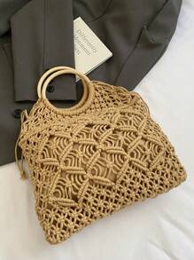 女士夏季镂空度假木环手提包，沙滩流苏手工编织休闲钱包