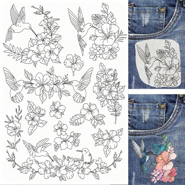 1 Set lösliches Stickereistabilisator in A4 Größe - mit 12 kreativen Blumen- und Kolibrimuster Stickerei-Hilfs-Aufklebern - selbstklebende Aufkleber zum Anheften an Kleidung - lösliches Stickereiübertragungspapier Bastelset - zum Handmachen von Stickereientwürfen und Dekorationshilfe auf Shirts, Socken, Hüten, Rucksäcken und anderen Artikeln.