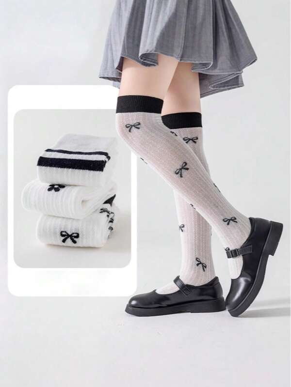 3 paires de chaussettes hautes au-dessus du genou pour enfants avec nœud - blanc/noir, détail de broderie de nœud doux, coton doux et respirant, convient pour l'école, les performances et le quotidien