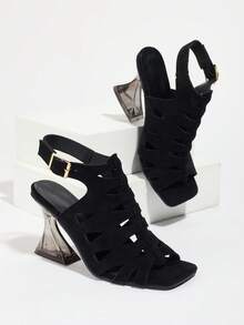 Women's Black Buckle Ankle Boots, High Heels Square Toe Design - Fashionable Summer Shoes, Stylish Everyday Wear Boots | Short Boots | Suede Casual Fashion Transparent High Heel Boots Solid Color Sexy Party Vacation Fashionable Avant-Garde Elegant Casual Commuter Business Outdoor Luxurious Lolita Style Nightclub Buckle Hollow-Out Women Black Buckle Ankle Boots For Holidays, Weddings, Parties, Office, Outdoor, Spring, Summer, Autumn