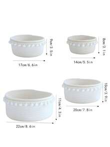 1 件现代手工编织圆球流苏篮，日式白色收纳篮，用于桌面杂物、零食、玩具和钥匙整理 - 白色 - 查看 4