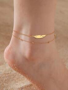 1pc Women Elegant Adjustable Drawstring Anklet, Simple Summer Beach & Party Foot Jewelry - Golden Feather - View 1