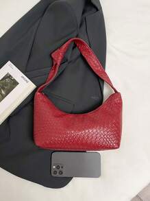 1 pieza Bolso bandolera de mujer de color borgoña sólido con textura tejida vintage de PU