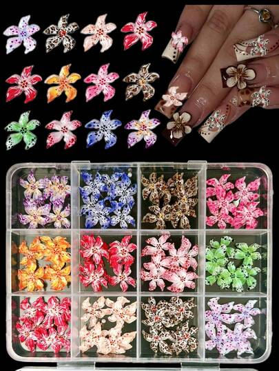 1盒随机混合ABS豹纹花朵美甲装饰品，Y2K渐变波点花朵美甲配件，DIY美甲用品，美甲宝石