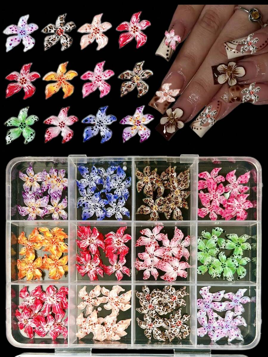 1 Hộp hỗn hợp ngẫu nhiên các loại phụ kiện trang trí móng tay hình hoa báo bằng nhựa ABS, phụ kiện trang trí móng tay hình hoa chấm bi gradient Y2K, đồ dùng tự làm móng nghệ thuật, đá trang trí móng tay. - Nhiều màu - Xem 1