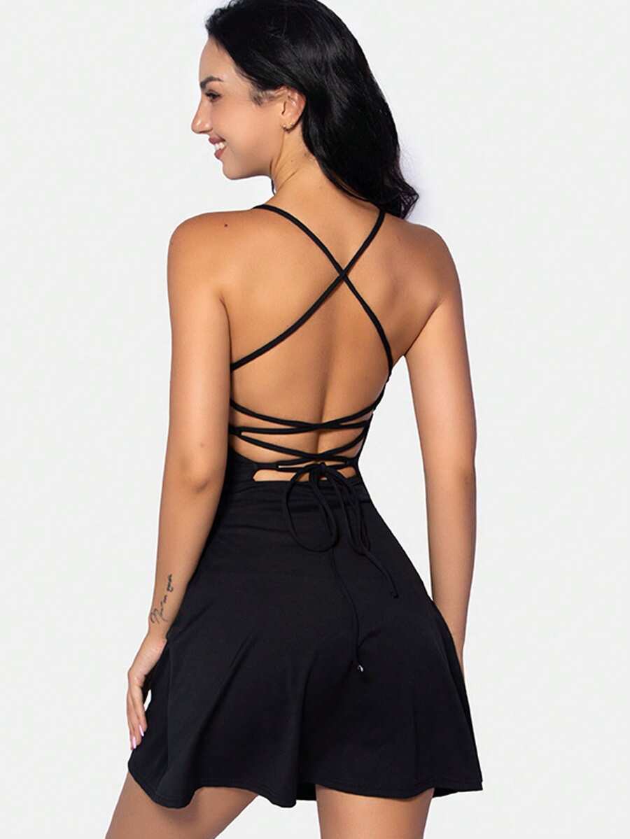 Women's Tennis Dress Training Backless Sports Golf Dress, Solid Tennis Dress For Womens Workout Mini Dress - Black - View 1