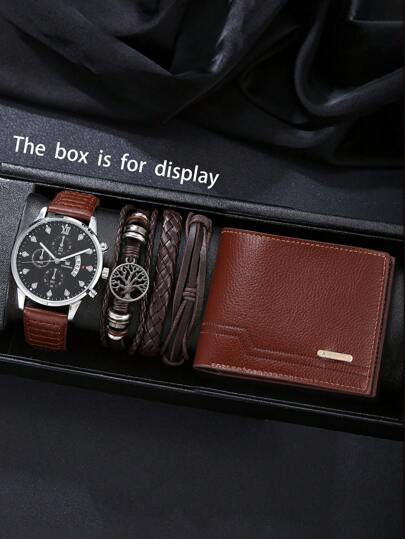 5PCS/Set Vintage Men's Fashion Versatile PU Leather Watch, Bracelet, And Wallet Combination Suit, Perfect Couple Gift For Loved One/Husband To Express Love And Care, Cherish Precious Moments