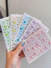 5Pcs/1pc Iridescent Aurora Butterfly Glitter Face Gems Stickers,Blue/Pink/Green/Yellow/Purple Iridescent Aurora Butterfly Organza Butterfly Self-Adhesive 3D Glitter Face Jewels,Sparkling Makeup 3D Diamond Decor Weddings Face Decoration, Music Festival DIY Eye Face Jewelry Decoration, Dance Performance