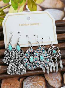 TopHanqi 3 Paar modische Ohrringe Set für Damen, vintage silberne Türkis-Hängeohrringe, einzigartige geometrische runde und Blumen-Statement-Ohrringe, für den Alltag, Partys, als Geschenk, für alle Jahreszeiten