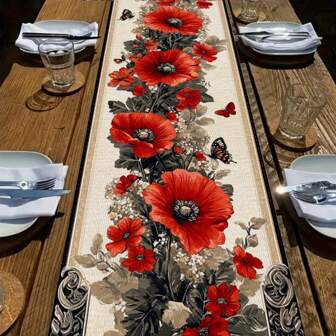 1 pezzo Elegante runner da tavolo vintage con disegno floreale con papaveri rossi e farfalle - bordo classico bianco e nero, tessuto in poliestere simile al lino, ideale per la decorazione della casa, matrimoni e occasioni speciali, runner da tavolo decorativo con design floreale vintage e texture tessuta