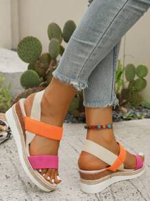 Women's Thick Sole Wedge Straw Braided Open Toe Double Strap Contrast Color Beach Sandals, Breathable Vacation Shoes, Summer