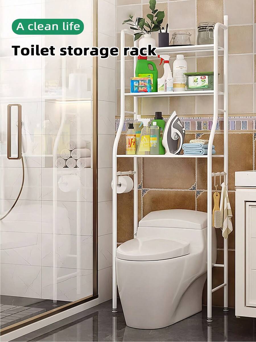 Kệ để đồ nhà vệ sinh bằng kim loại 3 tầng, kệ phòng tắm tiết kiệm không gian, kệ đứng trên bồn cầu có móc treo, dùng cho phòng tắm - Nhiều màu - Xem 1