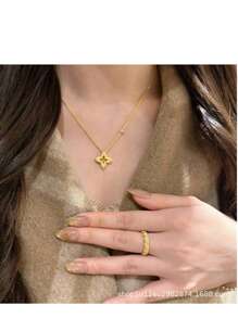 1 pieza Collar gargantilla diseño minimalista versátil de lujo, con textura de trébol hueco en color dorado vintage