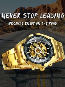 FORSINING 1pc Classic Skeleton Automatic Mechanical Watch For Men Luminous Hands Gold Stainless Steel Strap Business Casual Men Watches Top Brand Luxury Wristwatches Gifts