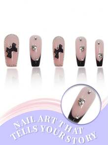 Kit de 24 uñas postizas francesas cortas con forma de almendra, con adornos de lazos y cristales de Rin, con marcos de cuentas de plata para un glamour de salón de calidad en casa y eventos especiales