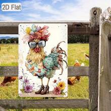 1 pieza Letrero de hojalata 2D plano, Gallo con botas y gafas, arte de granja divertido, decoración de pollo colorido, adecuado para cocina o granero, 30cm x 20cm con agujeros perforados previamente, estilo de agujero aleatorio