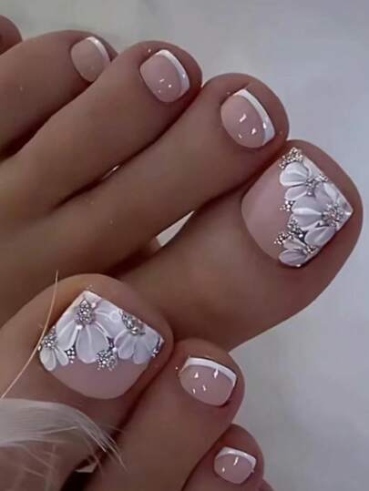 24Pcs French Tip Press On Toenails Short Square Fake Toenails With Flowers Glitter Designs Summer False Toenails Cute Toe Nails Press On Glossy Full Cover Toenails Tips For Women Decoration Nail Supplies Nails