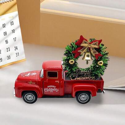 Christmas Mini Metal Truck With Wreath Vintage Pickup Car Model For Xmas Centerpiece Holiday Party Table Decorations Kitchen Farmhouse Tiered Tray Decor