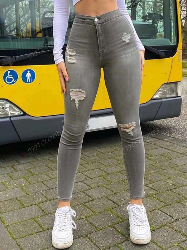بنطلون جينز نسائي جديد ذو وسط متوسط وملائم ضيق ومقطع، بتصميم سليم الساق، باللون الرمادي الداكن