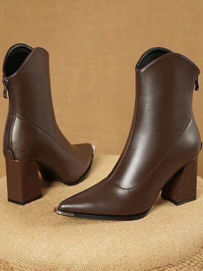 Women's Fashion Simple And Versatile Pointed Toe High Heel Boots, Metal Closed Toe With Back Zipper Design, Suitable For Work, School And All Seasons, 8cm Chunky Heel Handmade Premium Boots