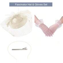 Ibeauti Fascinator Hats With Screentouch Lace Gloves Set Women Tea Party Cocktail Wedding Derby Headwear Short Gloves - 01 Beige-gloves - 查看 3
