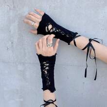 1 Pair Y2K Style Lace Strap Decor Short Solid Color Open Finger Rolled Edge Wrist Sleeve - Multicolor - View 5