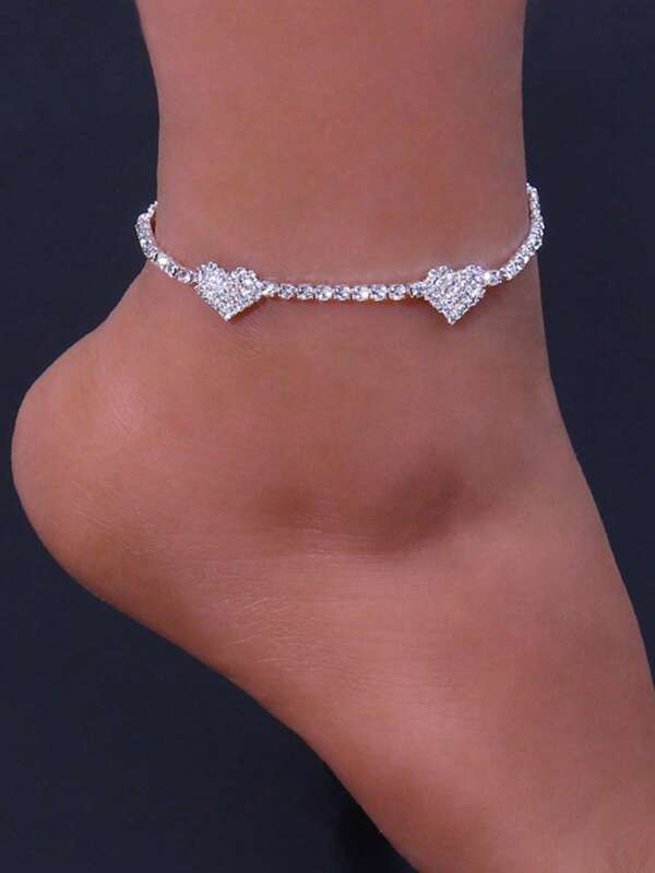 1 Piece Double Heart Diamond Anklet Full Diamond Shiny Foot Jewelry Accessory