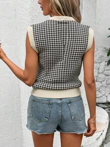 Chaleco tejido mujer juvenil pata gallo escote v ajuste cómodo estilo vintage elegante femenino otoño primavera moderno - Beis - Ver 2