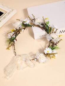 1 szt. wianek z kwiatów stokrotek w stylu boho, regulowana opaska na głowę z kwiatami dla dziewczynki - Beżowy - Zobacz 6