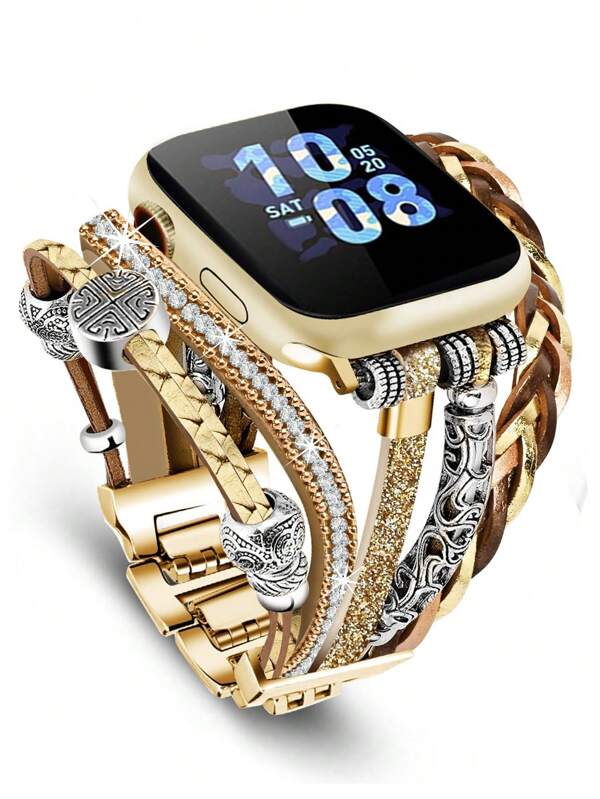 1 Stück elegantes goldenes Lederband kompatibel mit Apple Watch 41mm 40mm 38mm 45mm 44mm 42mm 49mm Damen, Boho Armband Schmuck mehrlagiges Wickelarmband für Apple Watch Series Ultra 10 9 8 7 6 5 4 3 2 1 SE