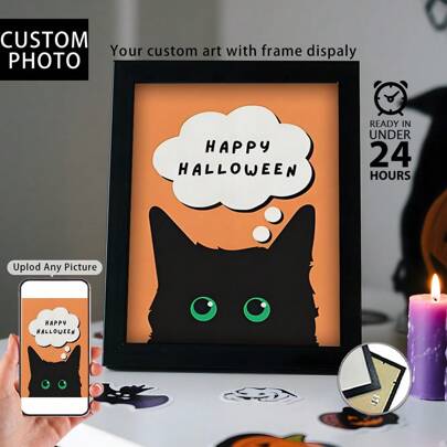 1 Pieza, Foto personalizada, Marco de madera de plexiglás pulido. Es muy adecuado para la decoración del hogar en Halloween. Póster de arte impreso en lienzo personalizado. Perfecto para familias, parejas, recuerdos de mascotas. El regalo perfecto para conmemorar Halloween.